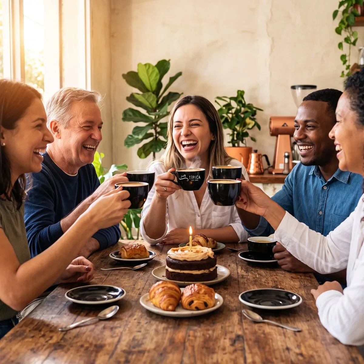 Grupo de amigos celebrando un cumpleaños con café en Típica Café Barra
